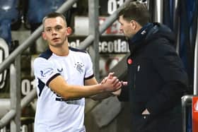 Ciaran Dickson with  Steven Gerrard on November 29, 2020, in Falkirk, Scotland. (Photo by Rob Casey / SNS Group)