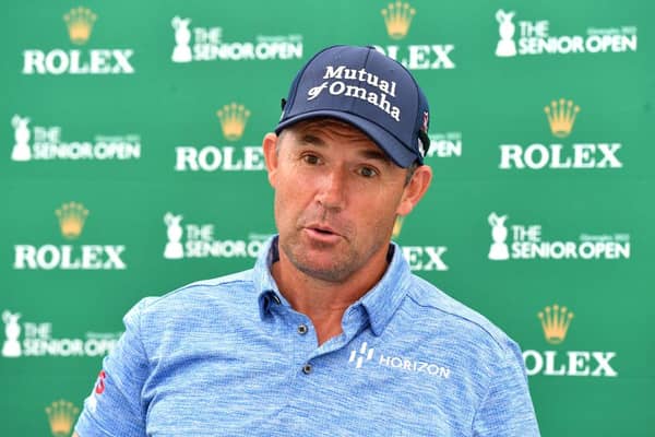 Padraig Harrington speaks to the media conference ahead of The Senior Open Presented by Rolex at Gleneagles. Picture: Mark Runnacles/Getty Images.