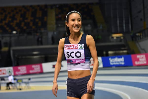Jenny Selman celebrates victory for Scotland in the 800m during the Dynamic New Athletics event in Glasgow in February. (Photo by Mark Runnacles/Getty Images for European Athletics)