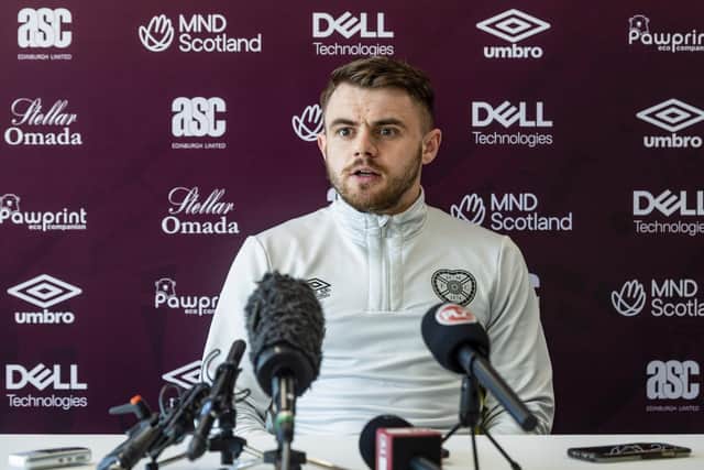 Hearts forward Alan Forrest addresses the media ahead of the County match.