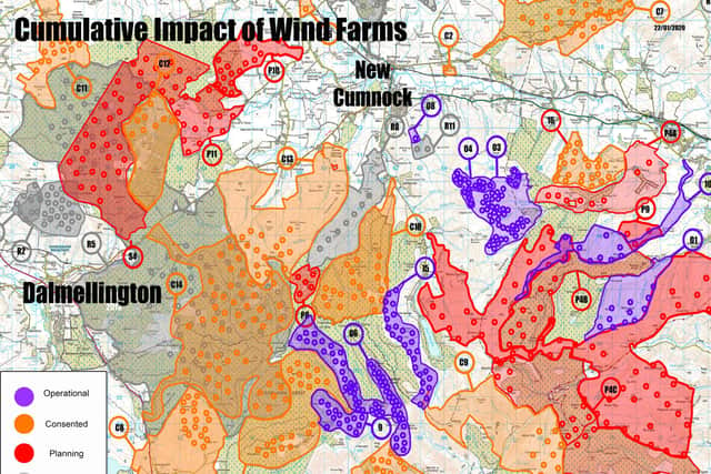 This map shows the scale of wind farms already built or in development around New Cumnock in East Ayrshire, a former coal mining area attracting a lot of proposals