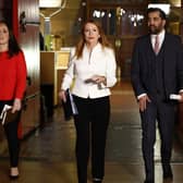 Finance secretary Kate Forbes (left), ex-minister Ash Regan (centre), and health secretary Humza Yousaf (right) are seen arriving at the BBC televised leadership debate in Edinburgh. Picture: Jeff J Mitchell/Getty images