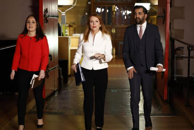 Finance secretary Kate Forbes (left), ex-minister Ash Regan (centre), and health secretary Humza Yousaf (right) are seen arriving at the BBC televised leadership debate in Edinburgh. Picture: Jeff J Mitchell/Getty images