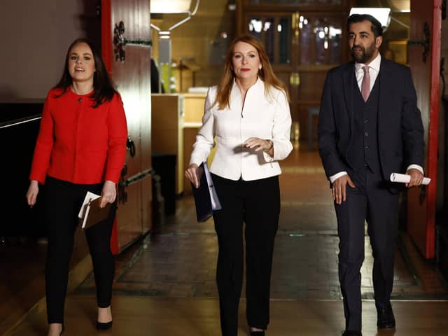 Finance secretary Kate Forbes (left), ex-minister Ash Regan (centre), and health secretary Humza Yousaf (right) are seen arriving at the BBC televised leadership debate in Edinburgh. Picture: Jeff J Mitchell/Getty images