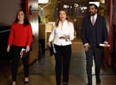 Finance secretary Kate Forbes (left), ex-minister Ash Regan (centre), and health secretary Humza Yousaf (right) are seen arriving at the BBC televised leadership debate in Edinburgh. Picture: Jeff J Mitchell/Getty images