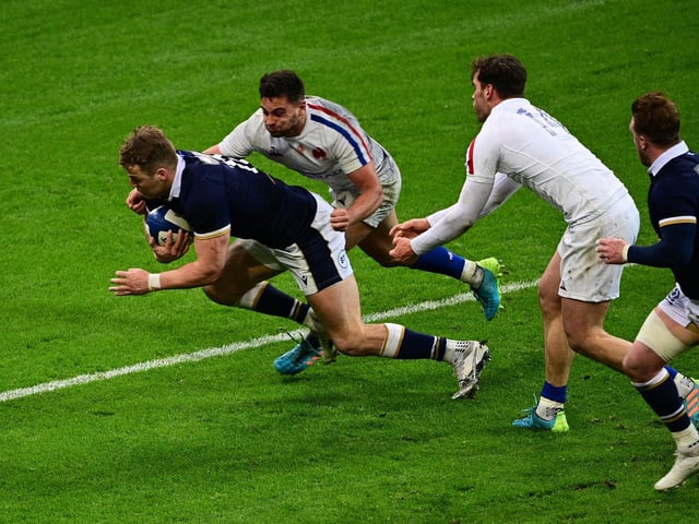Scotland were trailing 23-20 when wing Duhan van der Merwe scored this dramatic winning try at the Stade de France two years ago. Adam Hastings' successful conversion made the final score 27-23 to the visitors and lifted them above England and level on points with Ireland in the final Six Nations table. The match was played on a Friday night after the rest of the tournament had been completed after a Covid outbreak in the French squad caused the game to be postponed.