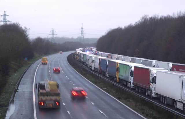 Lorries parked on the M20 in Kent after the Port of Dover was closed