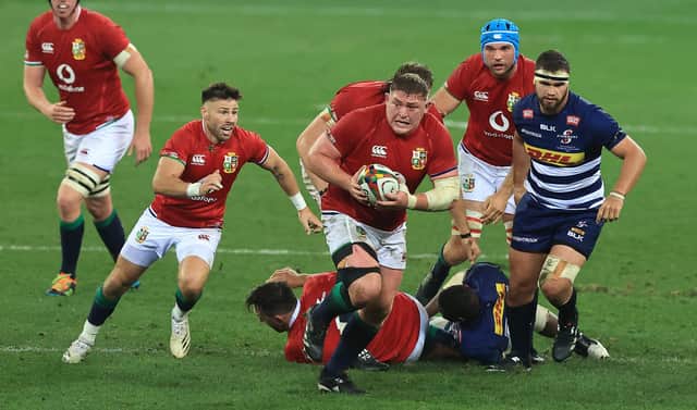 Tadhg Furlong on the charge for the British & Irish Lions against the Stormers in Cape Town where he had Rory Sutherland alongside him in the front row. Picture: David Rogers/Getty Images