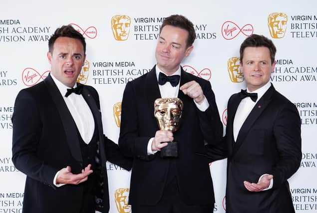 Bafta TV winners (left to right) Ant McPartlin, Stephen Mulhern and Declan Donnelly at the Virgin BAFTA TV Awards 2022, at the Royal Festival Hall in London. Ant and Dec’s Saturday Night Takeaway claimed the first award of the TV Baftas, for entertainment programme – its fourth win in the category.