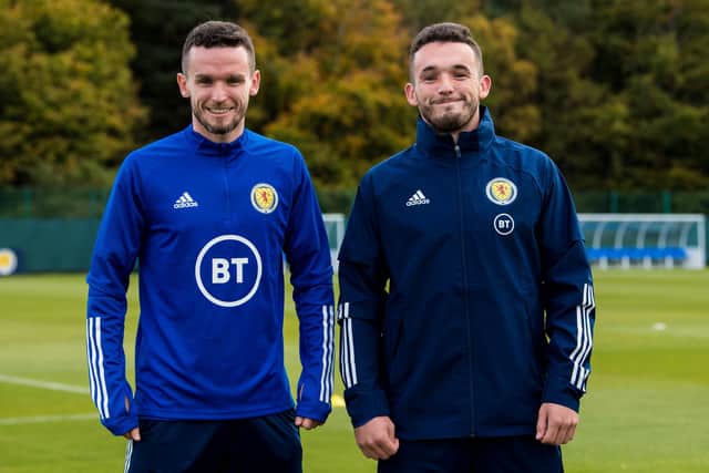 John and Paul McGinn pictured during a Scotland training session at the Oriam