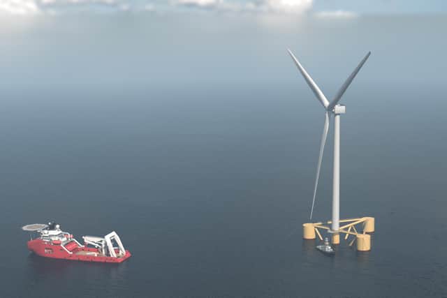 The plan by Cerulean Winds would see more than 200 gigantic floating wind turbines, similar to the one in this illustration, anchored in Scottish waters