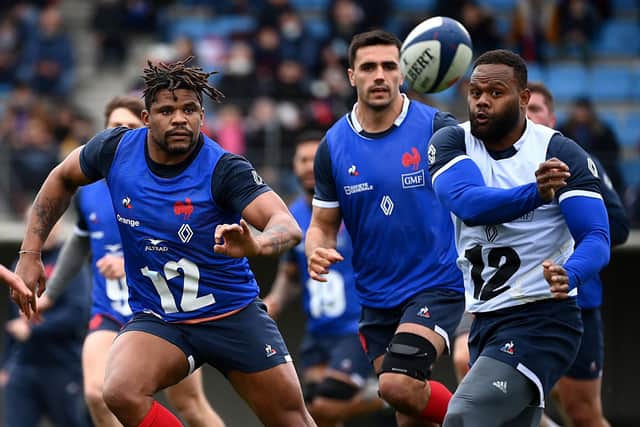France centre Jonathan Danty (left) has been picked to start against Scotland at Murrayfield. (Photo by FRANCK FIFE/AFP via Getty Images)