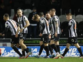 St Mirren's Alex Grieve celebrates making it 2-1 with teammates during a cinch Premiership match between St. Mirren and St Johnstone at the SMISA Stadium, on February 09, 2022, in Paisley, Scotland.