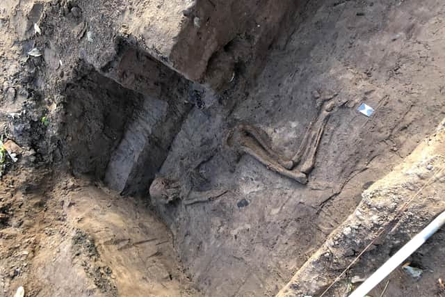 The  unusual crouching skeleton found beneath the planned route of the Edinburgh Tram to Newhaven with one theory being that the woman  was murdered given the way she was left in the ground. PIC: Edinburgh City Council.