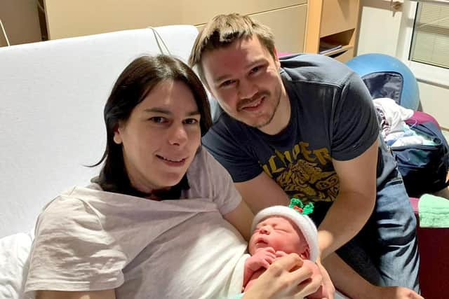 Donald and Kim Dallas with their new son Baby Dallas (name not decided yet) at the NHS Lothian birthing centre in Edinburgh, where he was born at 4.10am weighing 9lbs 2oz.