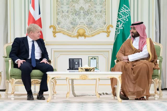 Prime Minister Boris Johnson is welcomed by Mohammed bin Salman Crown Prince of Saudi Arabia as he arrives for a meeting at the Royal Court in Riyadh, Saudia Arabia. The Prime Minister is on a one-day visit to Saudia Arabia and the United Arab Emirates to strengthen ties with the Gulf nations to tackle Russian President Vladimir Putin. Picture date: Wednesday March 16, 2022.