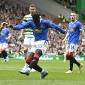 Rangers' Fashion Sakala scores to make it 1-1 during a cinch Premiership match between Celtic and Rangers at Celtic Park, on May 01, 2022, in Glasgow, Scotland.  (Photo by Rob Casey / SNS Group)