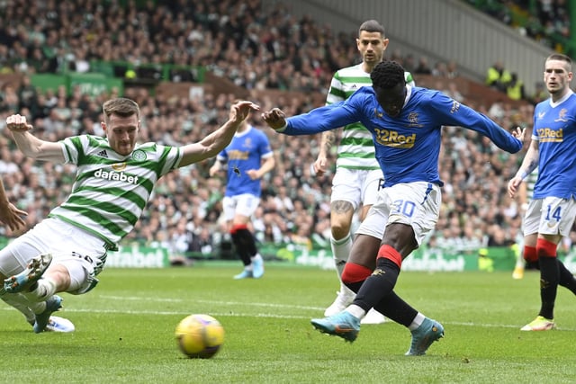 Rangers' Fashion Sakala scores to make it 1-1 during a cinch Premiership match between Celtic and Rangers at Celtic Park, on May 01, 2022, in Glasgow, Scotland.  (Photo by Rob Casey / SNS Group)