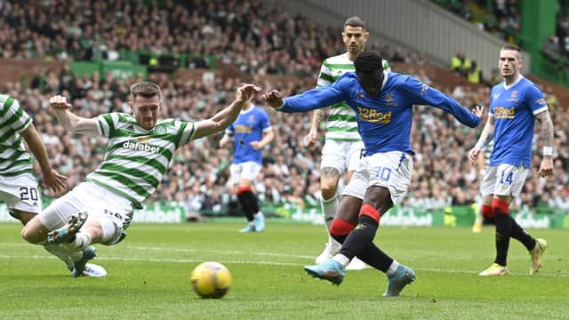 Rangers' Fashion Sakala scores to make it 1-1 during a cinch Premiership match between Celtic and Rangers at Celtic Park, on May 01, 2022, in Glasgow, Scotland.  (Photo by Rob Casey / SNS Group)