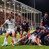 Edinburgh's Bill Mata celebrates a turnover during a BKT United Rugby Championship match against Dragons at the DAM Health Stadium.