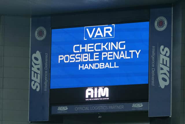 The LED screen at Ibrox charting a historical moment in alerting to the process that led to a first league penalty awarded against Rangers utlising VAR since the system was introduced to Scottish football 15 month ago. (Photo by Paul Devlin / SNS Group)