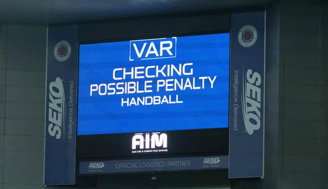 The LED screen at Ibrox charting a historical moment in alerting to the process that led to a first league penalty awarded against Rangers utlising VAR since the system was introduced to Scottish football 15 month ago. (Photo by Paul Devlin / SNS Group)