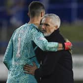 Aberdeen manager Jim Goodwin and goalkeeper Joe Lewis at full time after the Scottish Cup defeat to Darvel. (Photo by Rob Casey / SNS Group)