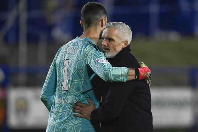 Aberdeen manager Jim Goodwin and goalkeeper Joe Lewis at full time after the Scottish Cup defeat to Darvel. (Photo by Rob Casey / SNS Group)