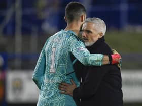 Aberdeen manager Jim Goodwin and goalkeeper Joe Lewis at full time after the Scottish Cup defeat to Darvel. (Photo by Rob Casey / SNS Group)