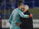 Aberdeen manager Jim Goodwin and goalkeeper Joe Lewis at full time after the Scottish Cup defeat to Darvel. (Photo by Rob Casey / SNS Group)