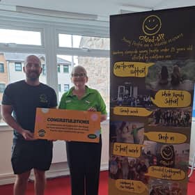 Asda Kirkcaldy surprises Clued Up Project with a lucky golden ticket for £1,500 worth of free fuel. Pictured L-R: Stevan Sutherland, Team Leader at Clued Up Project; Jean Ritchie, Community Champion, Asda Kirkcaldy