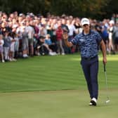Matteo Manassero celebrates holing a birdie putt on the 18th green during day three of the BMW PGA Championship at Wentworth Club. Picture: Warren Little/Getty Images.