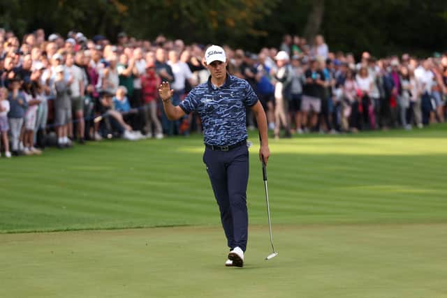 Matteo Manassero celebrates holing a birdie putt on the 18th green during day three of the BMW PGA Championship at Wentworth Club. Picture: Warren Little/Getty Images.