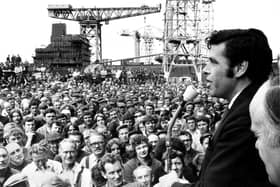 Shop stewards convener Jimmy Reid addresses a mass meeting of the Upper Clyde Shipyards at Clydebank, July 1971.