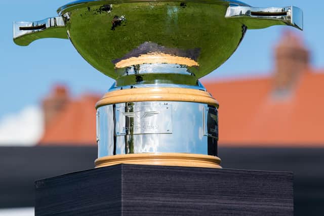 NORTH BERWICK, SCOTLAND - MAY 09: A general view of the Scottish Open Trophy during a Genesis Scottish Open media day at The Renaissance Club, on May 09, 2023, in North Berwick, Scotland. (Photo by Ross Parker / SNS Group)