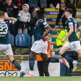 Raith Rovers' Esmael Goncalves celebrates with Dylan Easton and Connor McBride after scoring to make it 3-1 during a Scottish Cup match between Raith Rovers and Motherwell at Stark's Park, on February 11, 2023, in Kirkcaldy, Scotland. (Photo by Craig Foy / SNS Group)