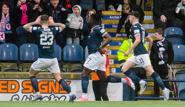 Raith Rovers' Esmael Goncalves celebrates with Dylan Easton and Connor McBride after scoring to make it 3-1 during a Scottish Cup match between Raith Rovers and Motherwell at Stark's Park, on February 11, 2023, in Kirkcaldy, Scotland. (Photo by Craig Foy / SNS Group)