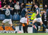 Raith Rovers' Esmael Goncalves celebrates with Dylan Easton and Connor McBride after scoring to make it 3-1 during a Scottish Cup match between Raith Rovers and Motherwell at Stark's Park, on February 11, 2023, in Kirkcaldy, Scotland. (Photo by Craig Foy / SNS Group)