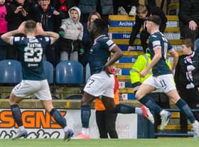 Raith Rovers' Esmael Goncalves celebrates with Dylan Easton and Connor McBride after scoring to make it 3-1 during a Scottish Cup match between Raith Rovers and Motherwell at Stark's Park, on February 11, 2023, in Kirkcaldy, Scotland. (Photo by Craig Foy / SNS Group)