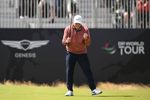 Bob MacIntyre celebrates after holing a birdie putt on the 18th green during the final round of the Genesis Scottish Open at The Renaissance Club. Picture: Octavio Passos/Getty Images.