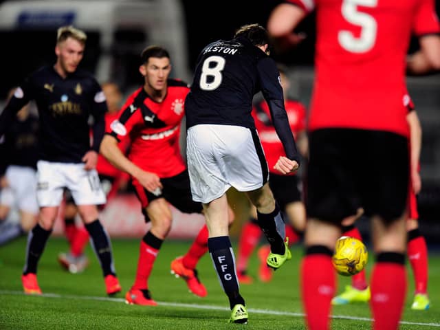 18-03-2016. Picture Michael Gillen. FALKIRK. Falkirk Stadium. Falkirk FC v Rangers FC. SPFL Ladbrokes Championship. Falkirk first goal, Blair Alston 8.