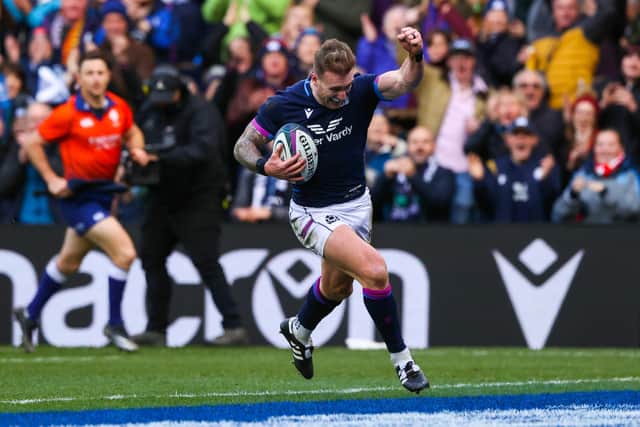 The celebrations start early for Stuart Hogg as he crosses the line to score against Japan, his 25th try for Scotland.  (Photo by Craig Williamson / SNS Group)