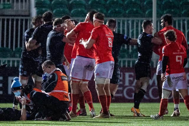 Players clash during Glasgow's Guinness Pro14 match against Munster at Scotstoun. Picture: Ross MacDonald / SNS