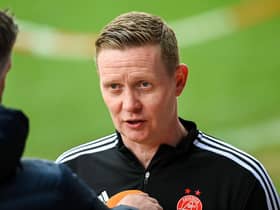 PERTH, SCOTLAND - APRIL 01: Aberdeen manager Barry Robson speaks to the media.