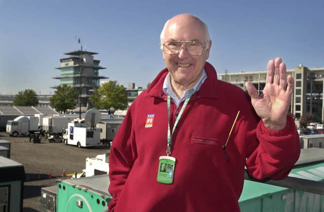 Murray Walker in the television compound at Indianapolis Motor Speedway in 2001