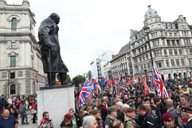 Demonstrators  gathered in Parliament Square in London as part of a 'Rolling Thunder' protest in support of Soldier F who was being prosecuted for the murder of two men, James Wray and William McKinney, shot during a civil rights demonstration in Londonderry on Bloody Sunday in 1972. (Photo: Aaron Chown/PA Wire).