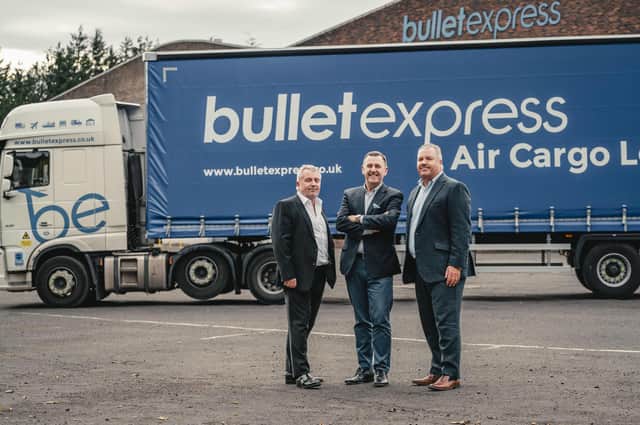 Bullet Express co-founders Gary Smith (left) and David McCutcheon flank the company’s new CEO, John McKail, who led the MBO. Picture by Jamie Simpson
