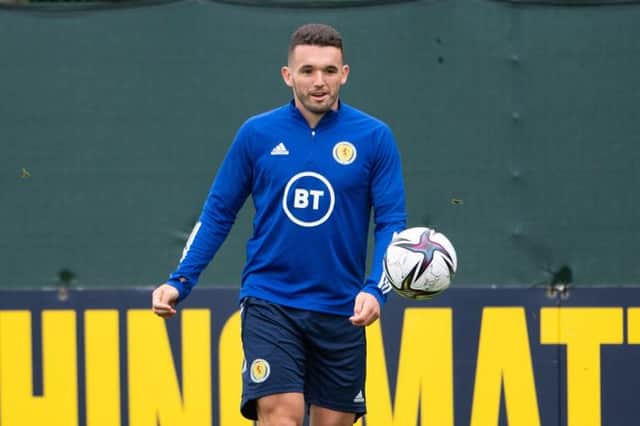 John McGinn back in training with the Scotland squad at Oriam on Friday morning after missing the trip to Denmark following the return of a positive coronavirus test result. (Photo by Paul Devlin / SNS Group)