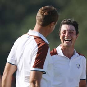 Ludvig Aberg and Viktor Hovland celebrate winning their match 9&7 during the Saturday morning foursomes matches in Ryder Cup at Marco Simone Golf & Country Club in Rome. Picture: Patrick Smith/Getty Images
