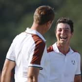 Ludvig Aberg and Viktor Hovland celebrate winning their match 9&7 during the Saturday morning foursomes matches in Ryder Cup at Marco Simone Golf & Country Club in Rome. Picture: Patrick Smith/Getty Images